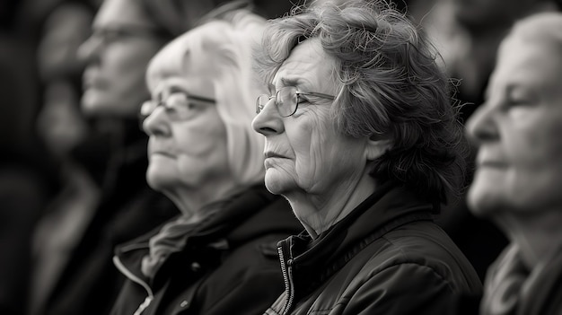 黒と白の肖像画 眼鏡をかぶった老婦人が考えながら下を見下ろしている 短い灰色ので 暗いジャケットを着ている