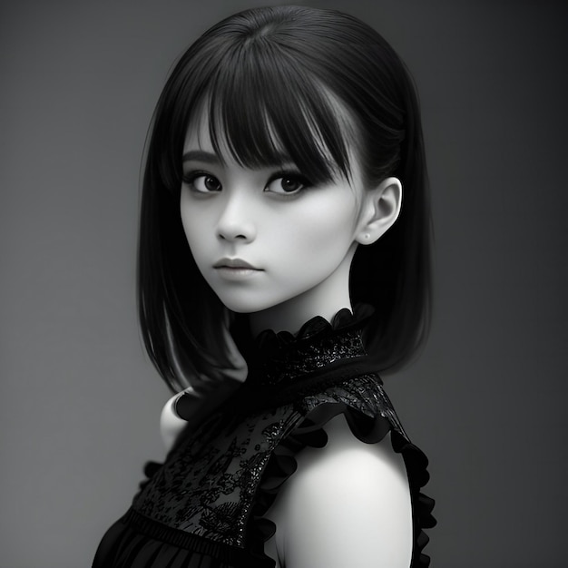 Black and white portrait of a female doll in a black dress