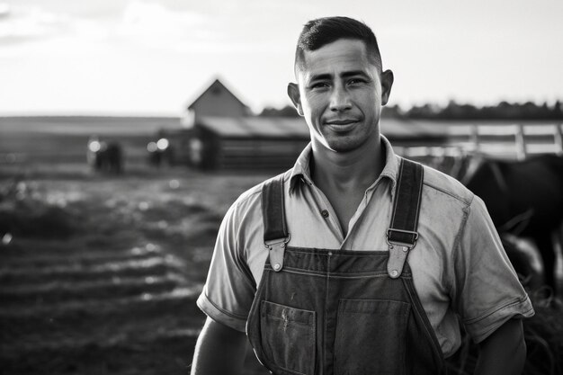 Photo black and white portrait of a latin hispanic farmer at the farm