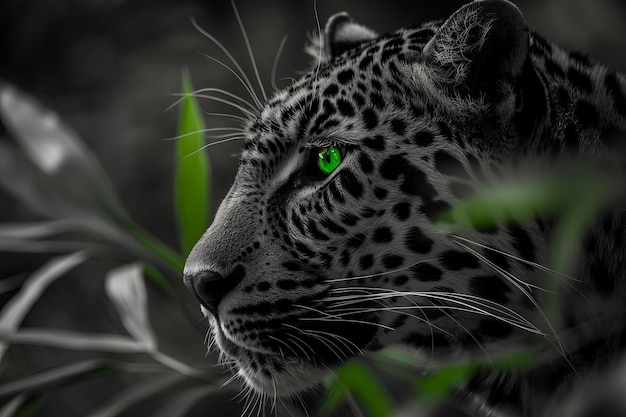 Black and white portrait of a leopard with a green eye vertical format