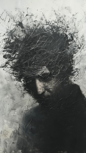 Photo black and white portrait of a man with his face obscured by a mass of tangled lines