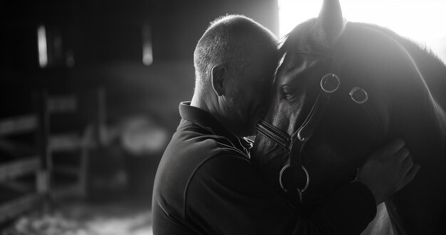 Photo black and white portrait of a man with a horse in the stable