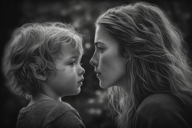 A black and white portrait of a mother and child