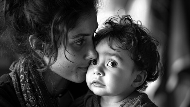 Photo black and white portrait of a mother and her child