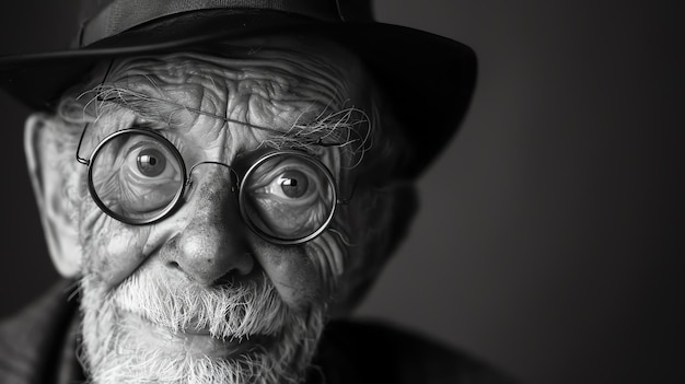 Photo a black and white portrait of an old man with a surprised expression on his face he is wearing a hat and glasses