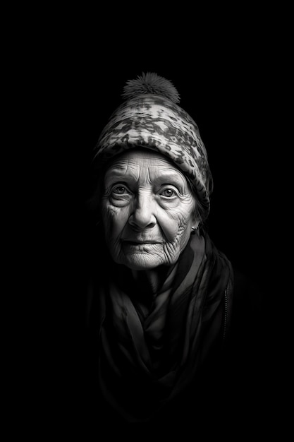年配の女性の白黒の肖像画