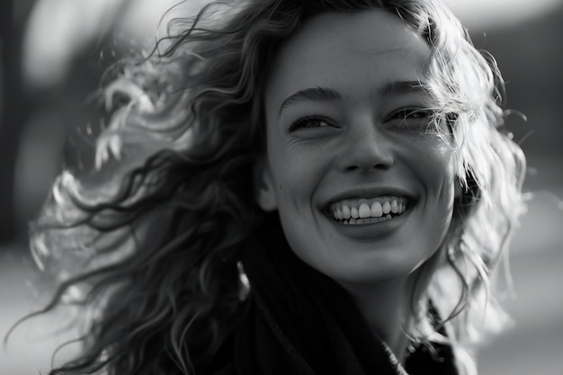 Photo black and white portrait of a smiling young woman with curly hair