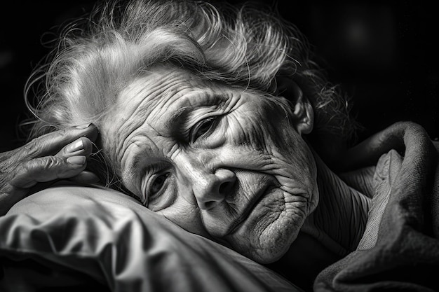 카메라를 응시하는 아주 늙고 아픈 여성의 흑백 초상화