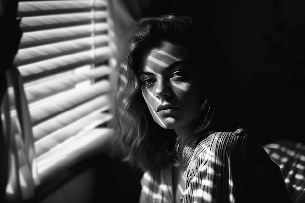 Black and white portrait of a woman in style of films in noir at window with light through blinds Generative AI