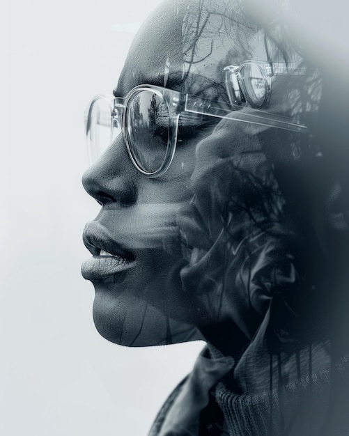 Black and white portrait of a woman wearing glasses with a double exposure of a forest