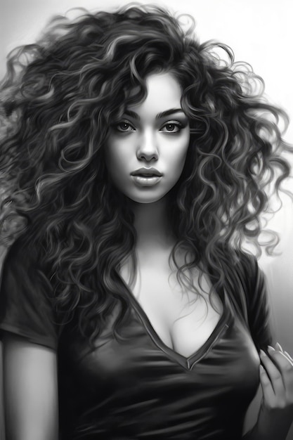 A black and white portrait of a woman with curly hair.