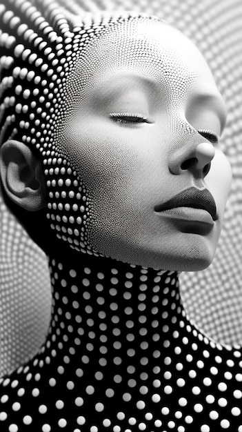 A black and white portrait of a woman with a face covered in silver dots.