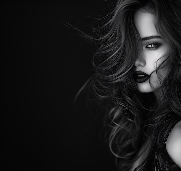 Black and White Portrait of a Woman With Flowing Hair Generative AI