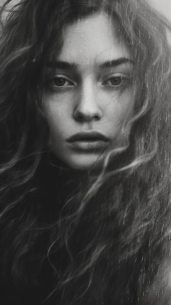 A black and white portrait of a woman with a long hair and a big, dark eye.