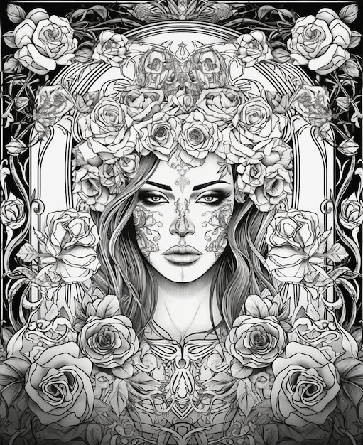 Черно-белый портрет женщины с розами на голове.