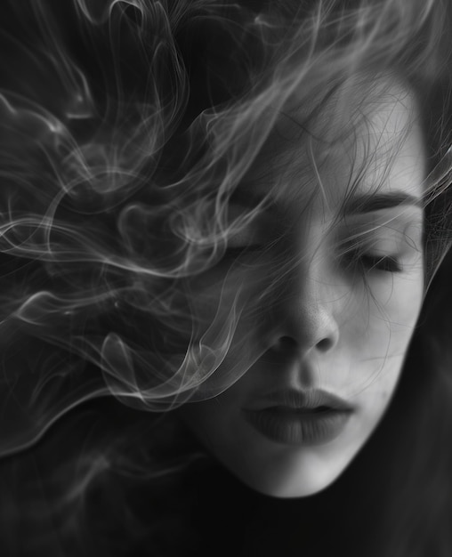 Black and white portrait of a young girl in smoke and fog closeup