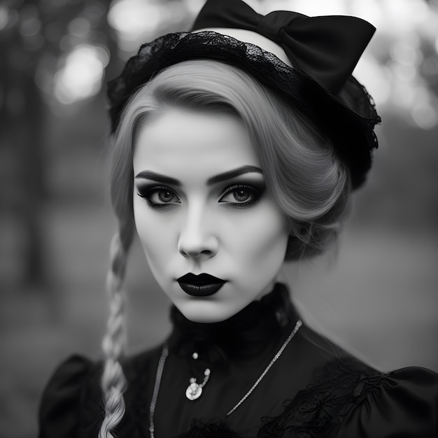 Black and white portrait of a young gothic lolita with heavy gothic makeup style