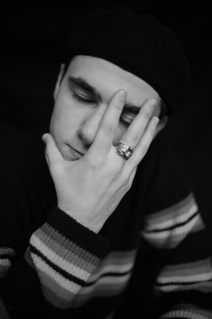 black and white portrait of a young guy Good guy A guy of European appearance Young man