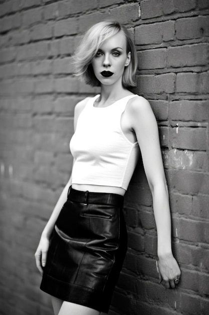 black and white portrait of a young woman holding her skirt against a brick wall background created with generative ai