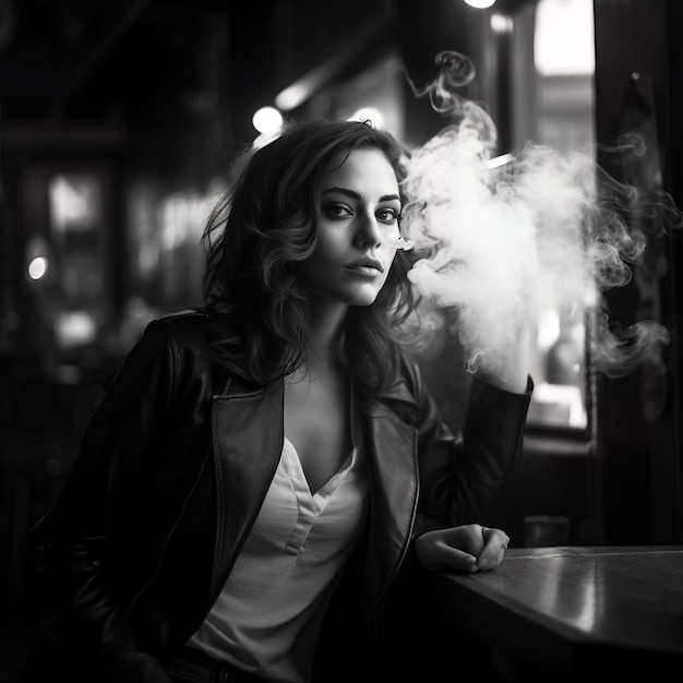 Photo black and white portrait of a young woman smoking