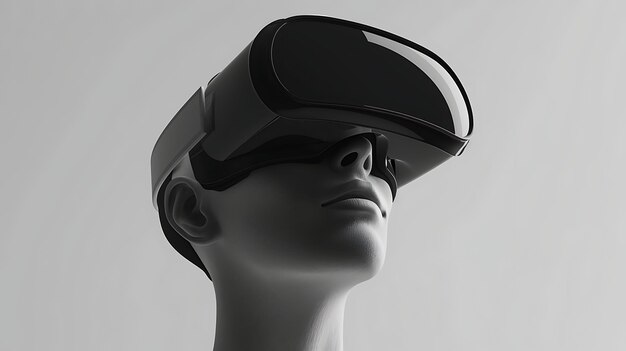 Black and white portrait of a young woman wearing a virtual reality headset She is looking up with her eyes closed