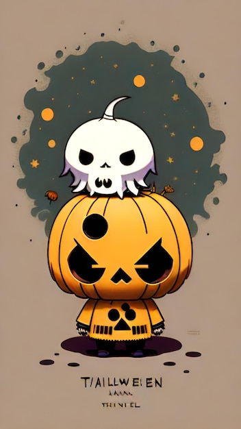 A black and white poster of a pumpkin with a skull on it.