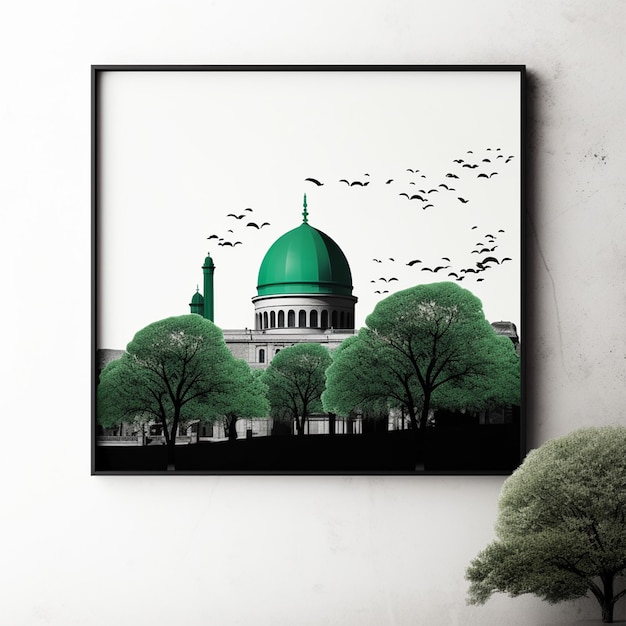 A Black and White Poster with a Green Dome Mosque