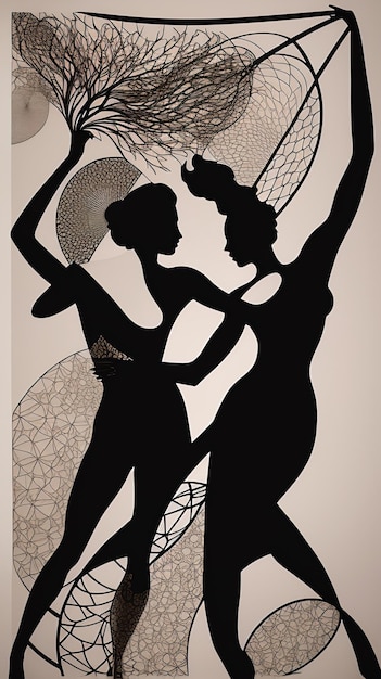 A black and white poster with two silhouettes of women dancing.