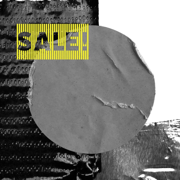 Черно-белый плакат с желтым кружком, на котором написано "Распродажа!"