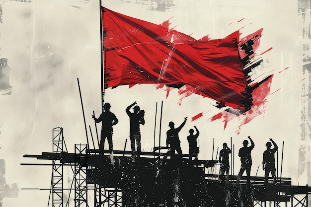 a black and white poster of workers on a construction site with a red flag