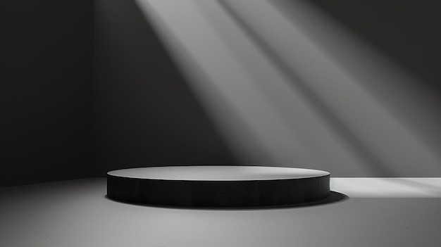 Photo black and white product display platform with a spotlight the platform is made of wood and has a round shape