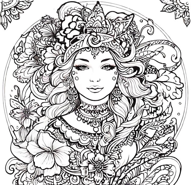 Black and white queen coloring page with a decorative pattern floral and ornamental mandala style