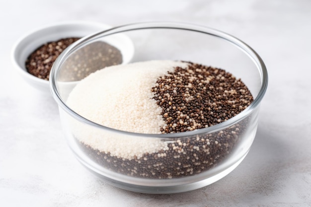 Black and white quinoa mix in a glass bowl