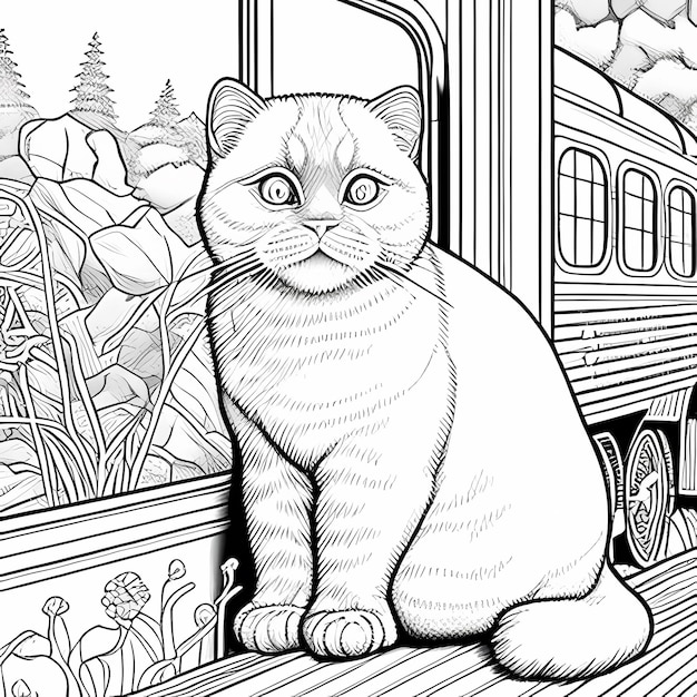 Black and White Railway Bliss Coloring Page with a Scottish Fold