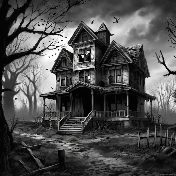 Photo black and white realistic evil house spooky