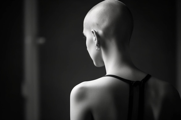 Black and white rear shot of young female fighting with cancer and anorexia