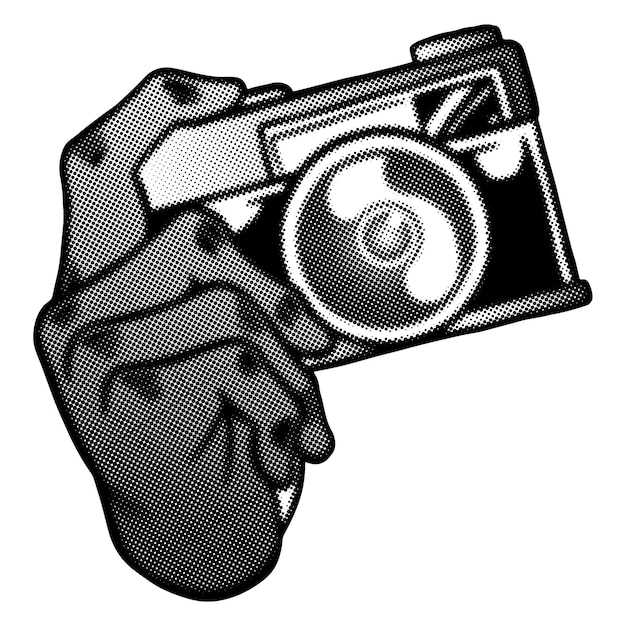 black and white retro film camera sticker with a white border