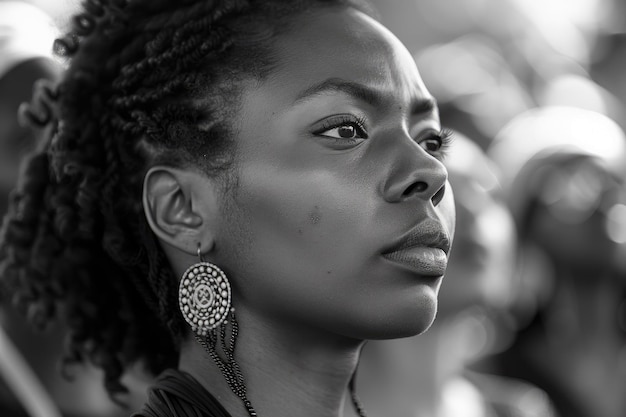 Photo black and white retro image of an african american woman protesting on freedom day june 19