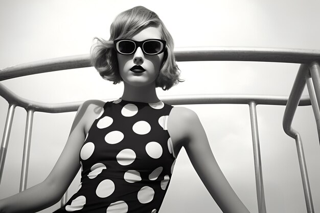 Photo black and white retro photograph of a girl in a polka dot swimsuit