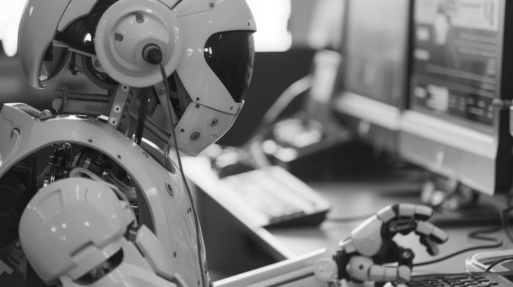 Photo the black and white robot working as call center assistant help customer aig43