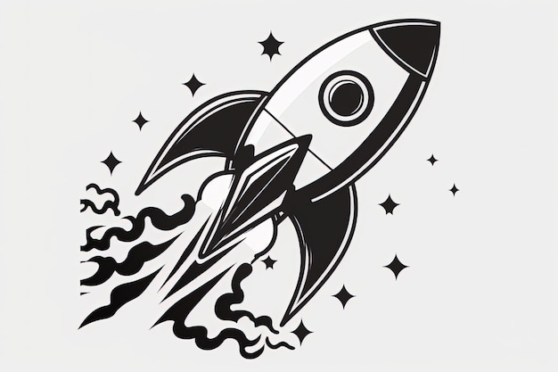 Black and white rocket illustration sketch white background Generative AI