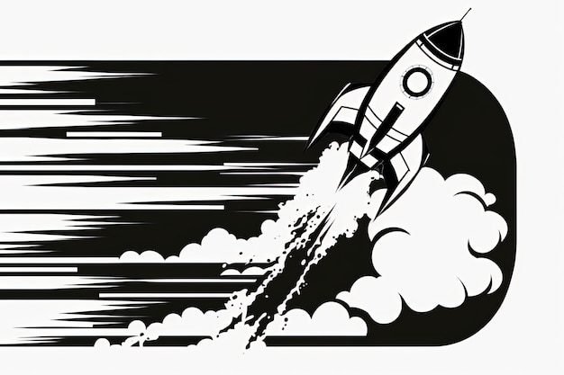 Black and white rocket illustration sketch white background Generative AI