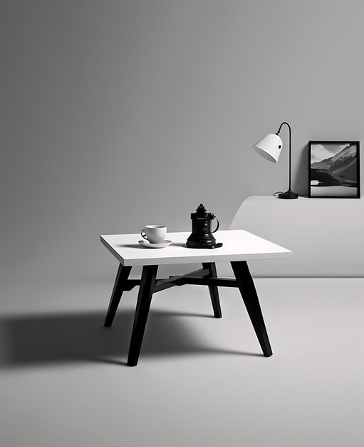 A black and white room with a teapot and a cup of coffee Ai Generative
