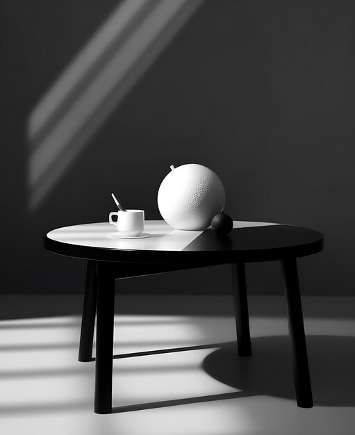 A black and white room with a teapot and a cup of coffee Ai Generative