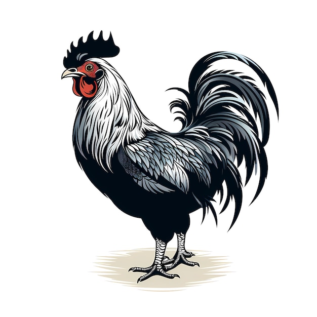 Black and white rooster with red beak and tail Generative AI