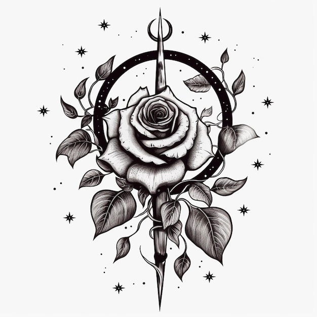 A black and white rose with a dagger and stars generative ai