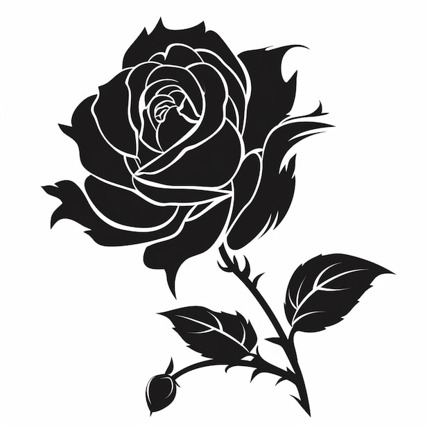 Photo a black and white rose with leaves on a stem generative ai
