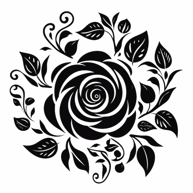 A black and white rose with leaves and swirls on a white background generative ai