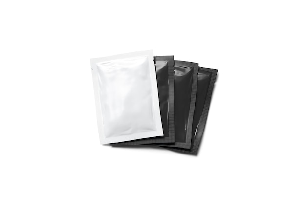 Black and white sachet packets stack Disposable bag for shampoo or gel Clear pile of wet wipe