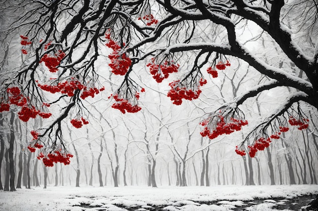 Black and white scenery of a forest with red plants